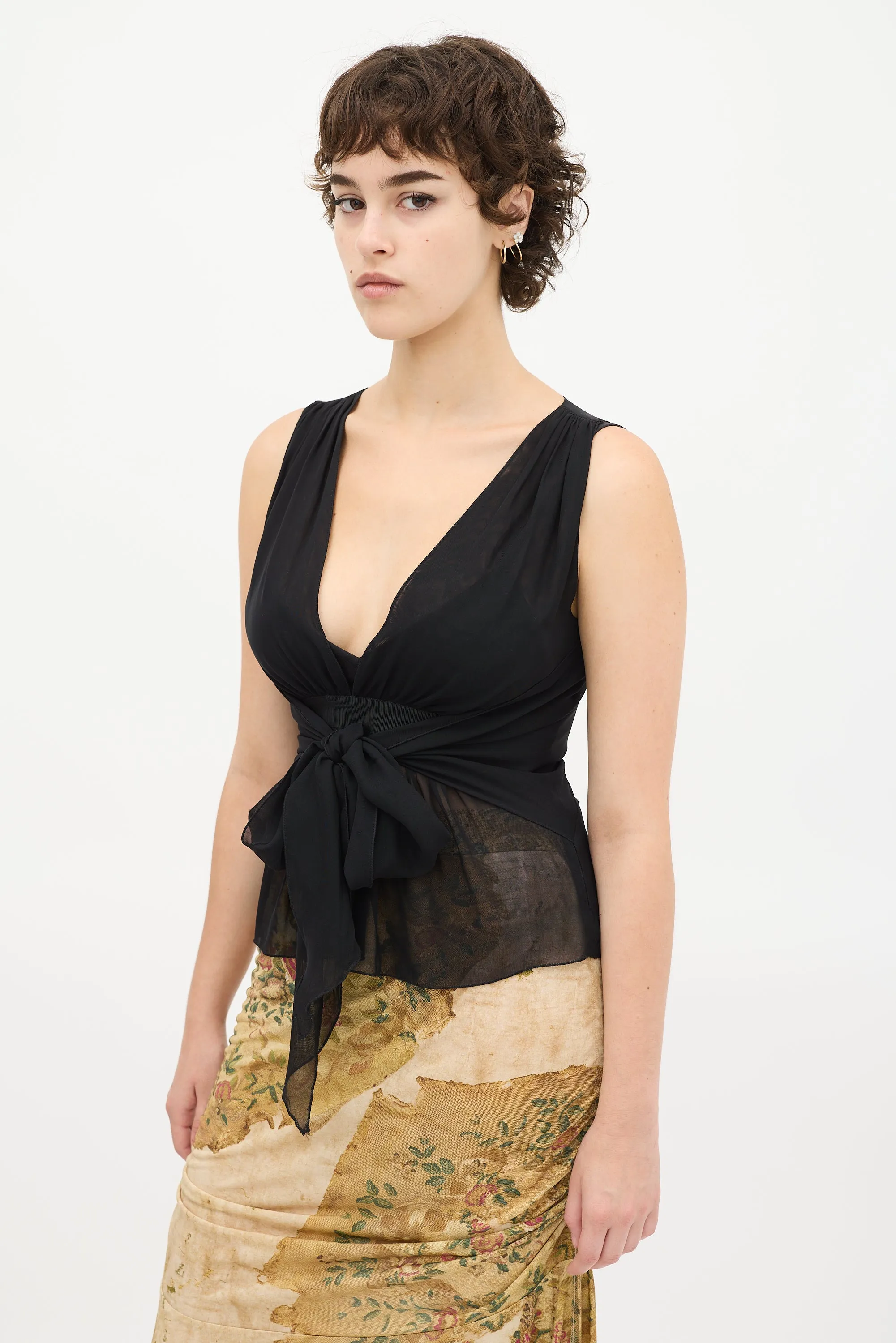 Black Silk Sheer V-Neck Top