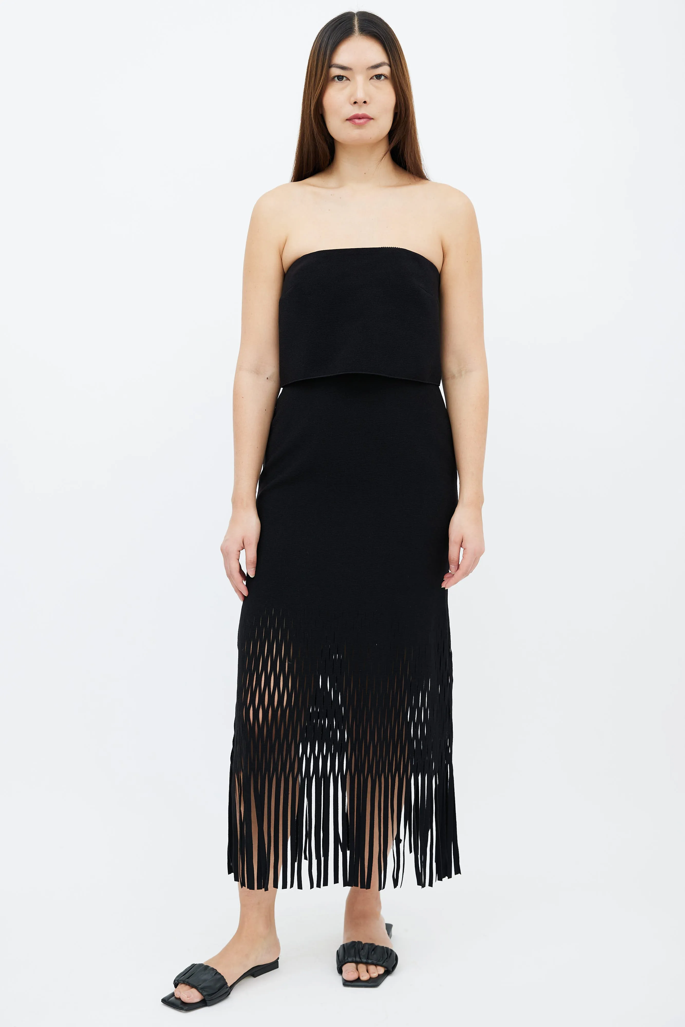 Black Strapless Fringe Hem Dress