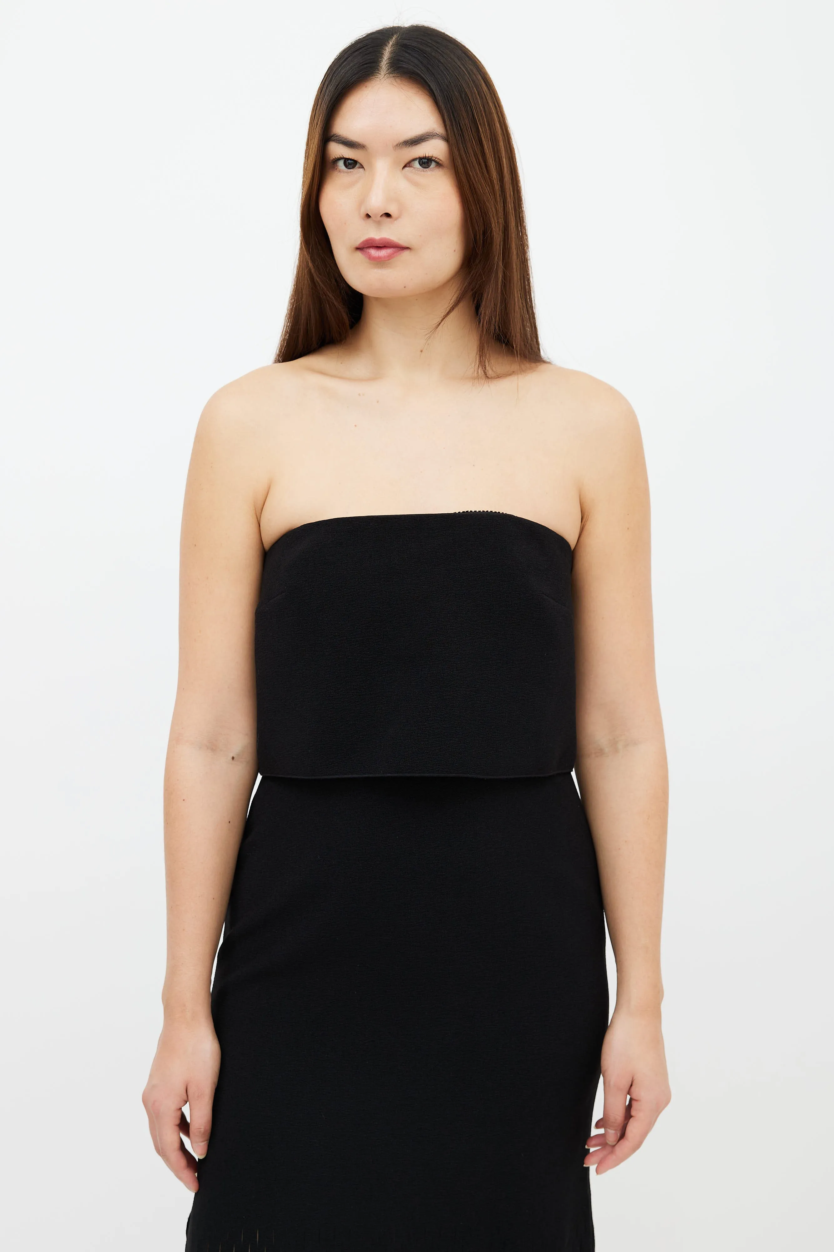 Black Strapless Fringe Hem Dress