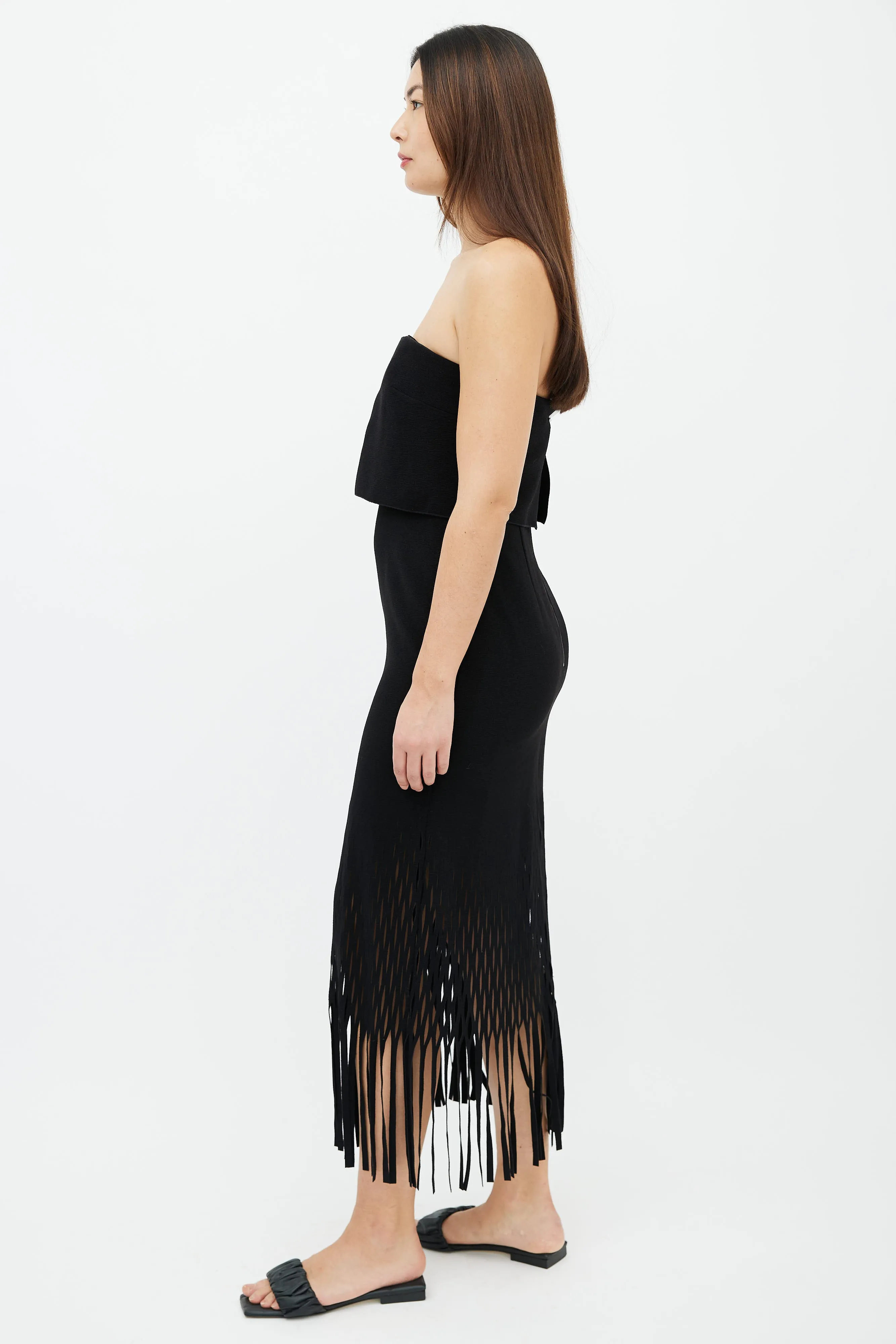 Black Strapless Fringe Hem Dress