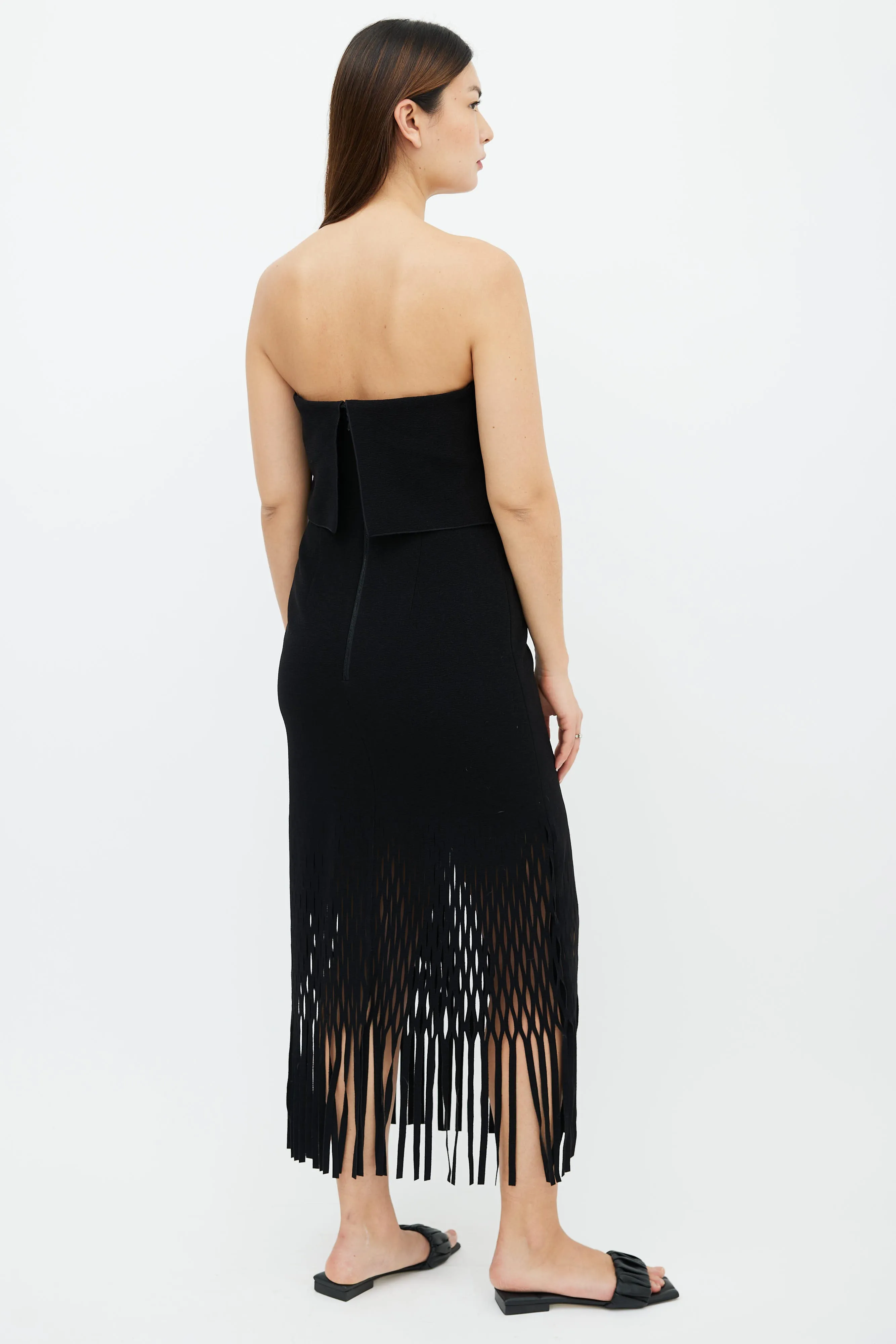 Black Strapless Fringe Hem Dress