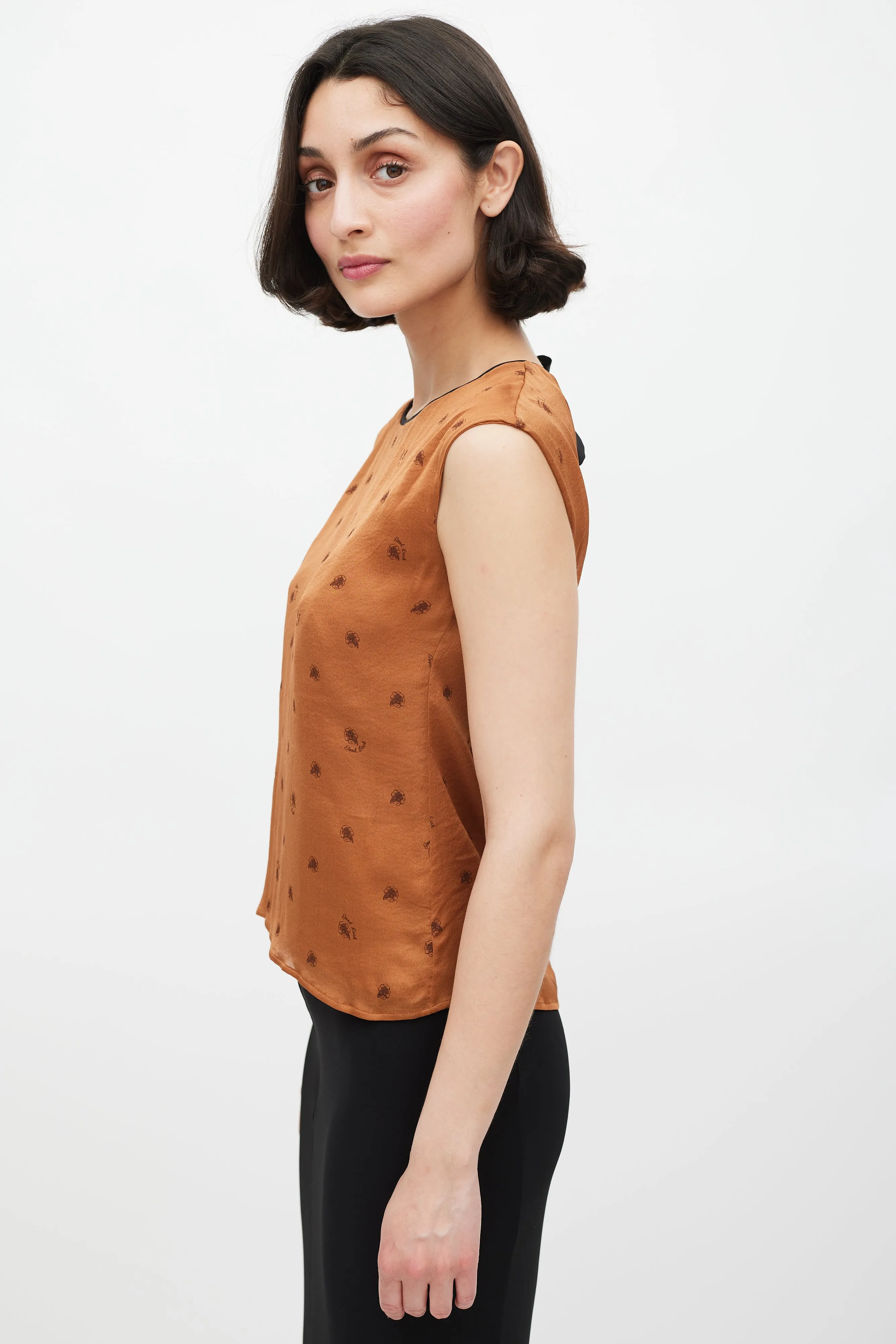 Brown Silk Floral Tie Back Top
