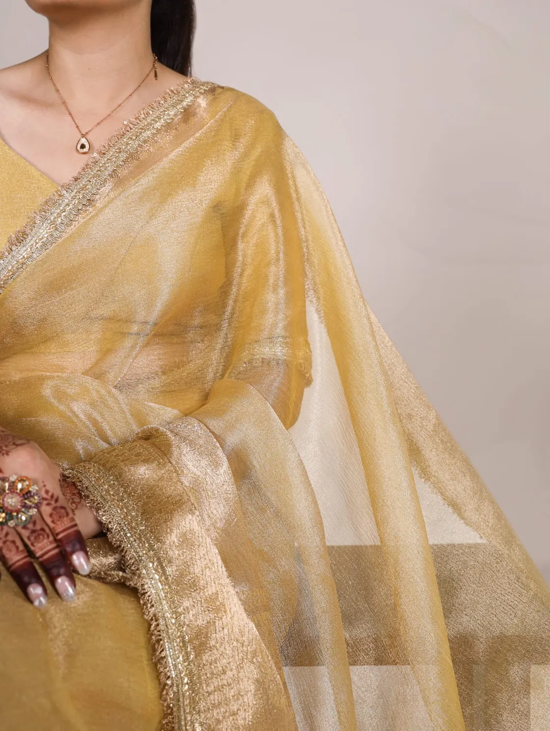 Golden Tissue Shimmer Zari Weaving Work Tissue Saree
