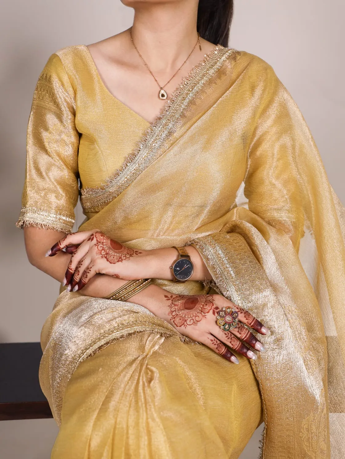 Golden Tissue Shimmer Zari Weaving Work Tissue Saree