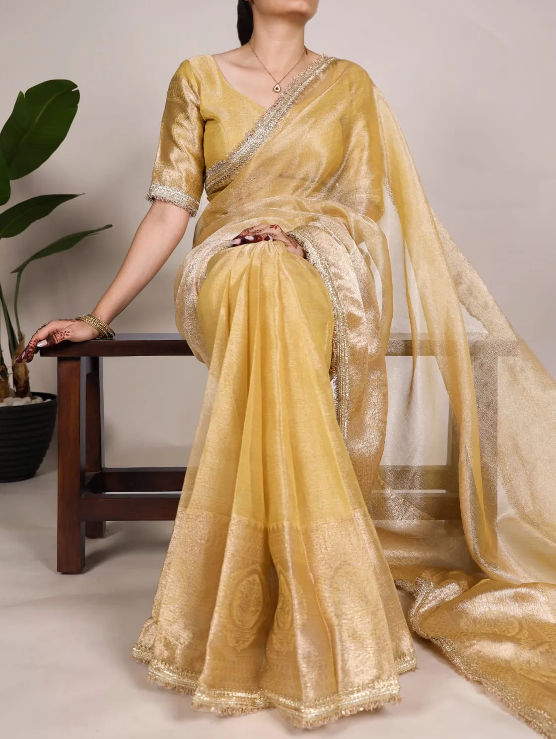 Golden Tissue Shimmer Zari Weaving Work Tissue Saree