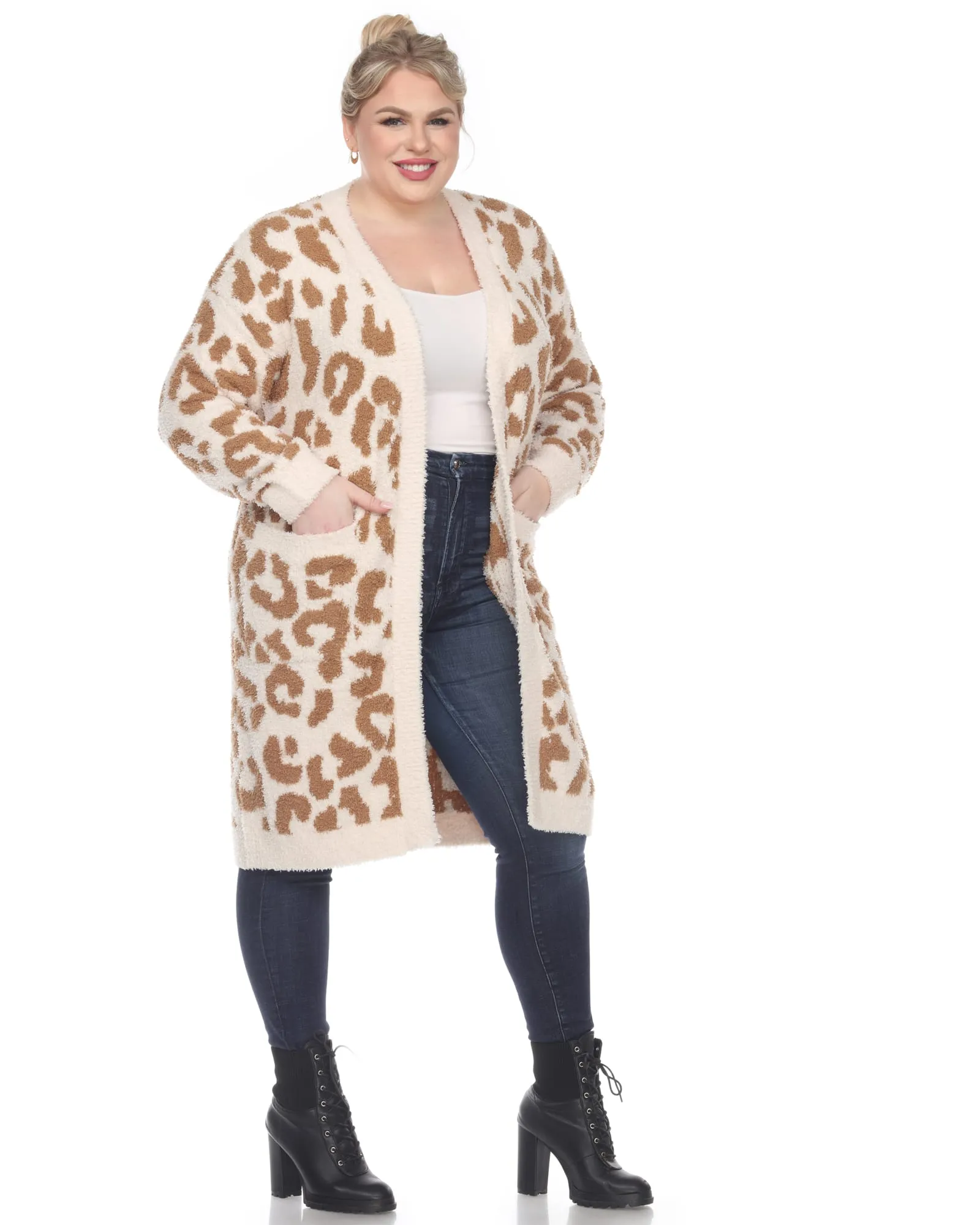 Leopard Print Open Front Sherpa Coat | Tan Leopard
