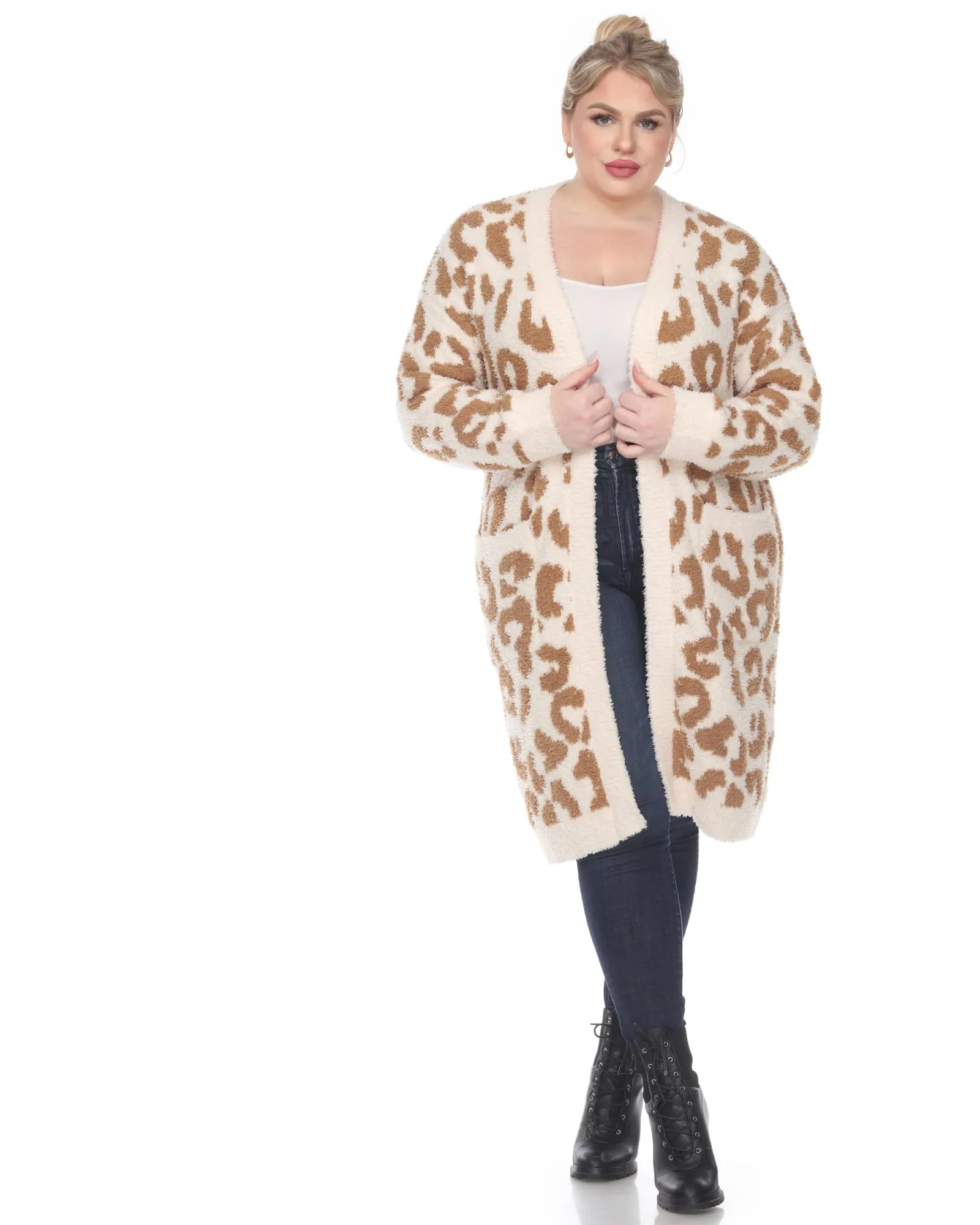 Leopard Print Open Front Sherpa Coat | Tan Leopard
