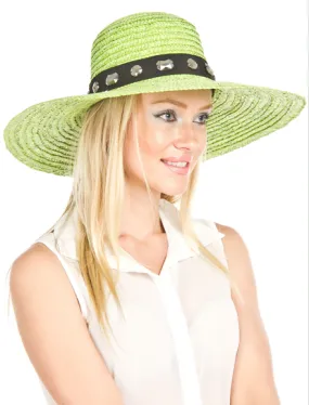 Lime Green Wheat Straw Wide Bejeweled Brim Hat