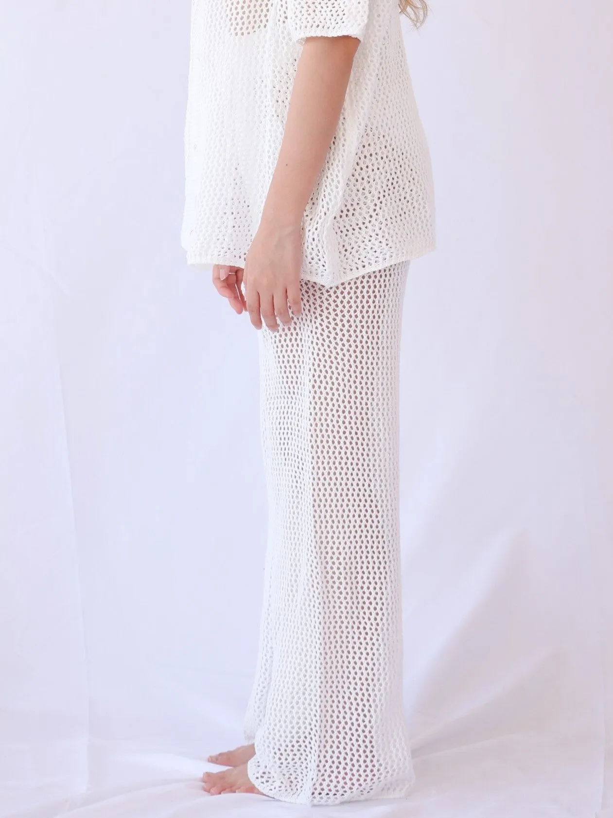 Loro Crochet Relaxed Beach Trousers with Drawstring in White