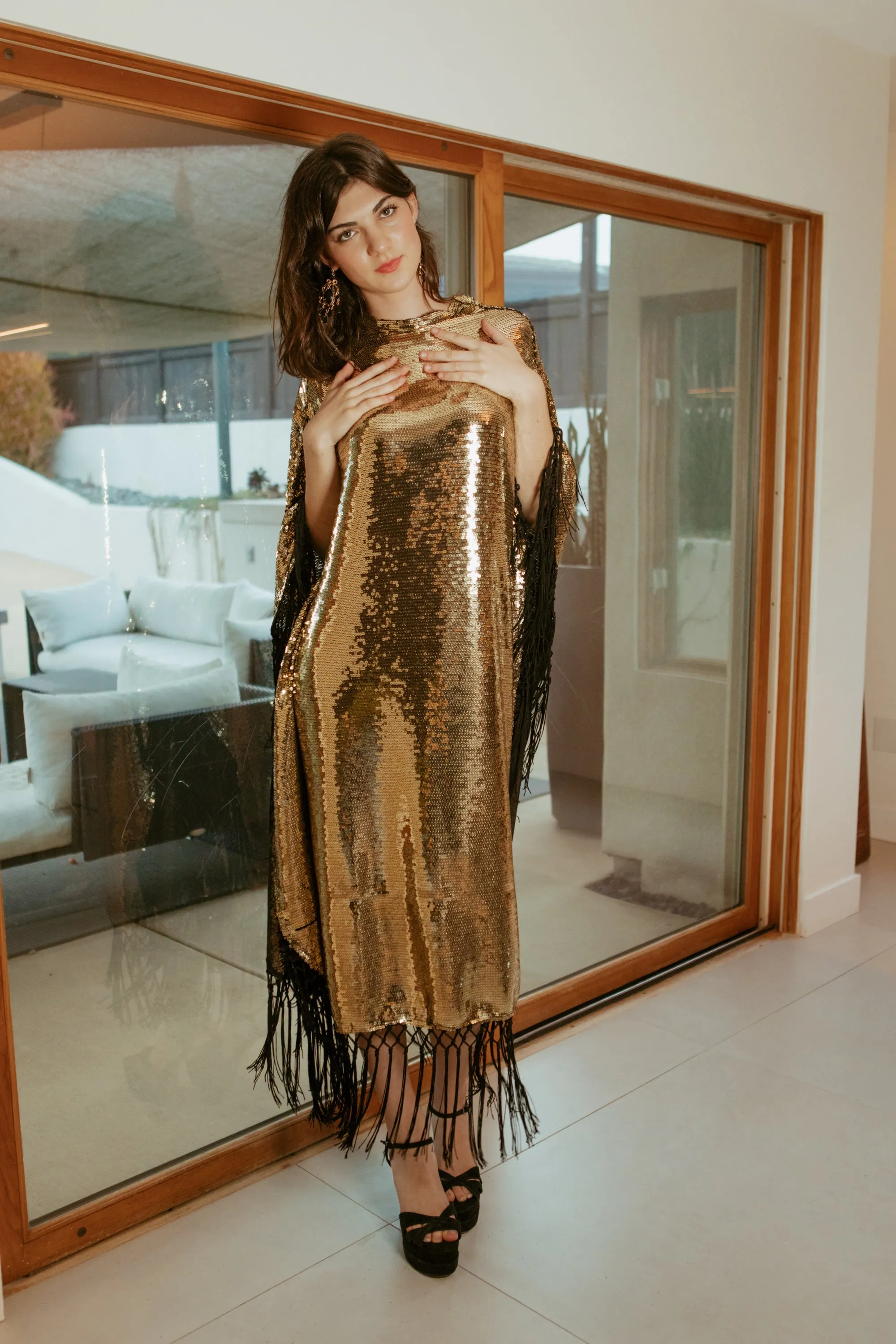 Midnight Cabaret Mock Neck Caftan Kaftan Dress with Slip
