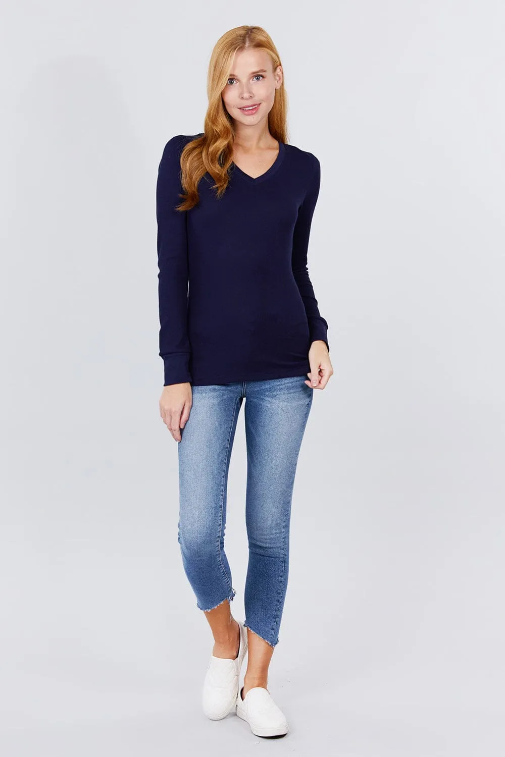 Navy blue Long Sleeve V Neck Thermal Top_