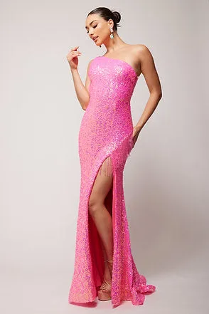 Vienna Prom Dress 8857 Size 10 Fuchsia Sequin One Shoulder Prom Dress Fringe Slit Gown
