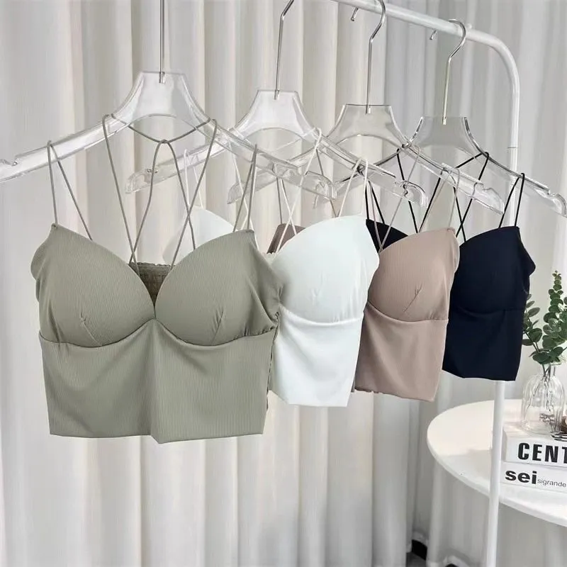 Wjczt Ice Silk Crop Top Women Sexy Tube Top Fixed Latex Cup Summer Halter Top Push Up Seamless Wireless Bra 2022 New