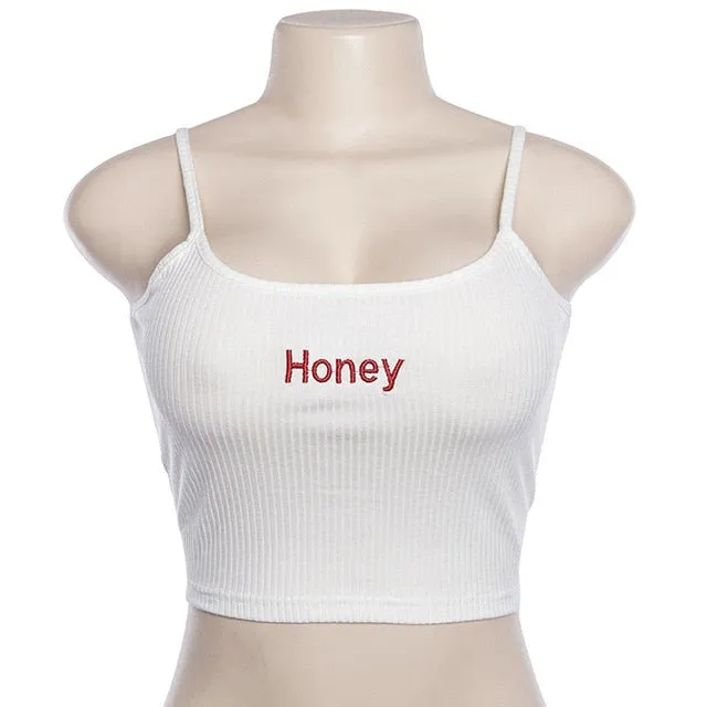 Women Sexy Crop Top Camisole Adjustable Shoulder Straps Round Neck Letter Sleeveless Crop Top Summer Vest Women Beach Camisole