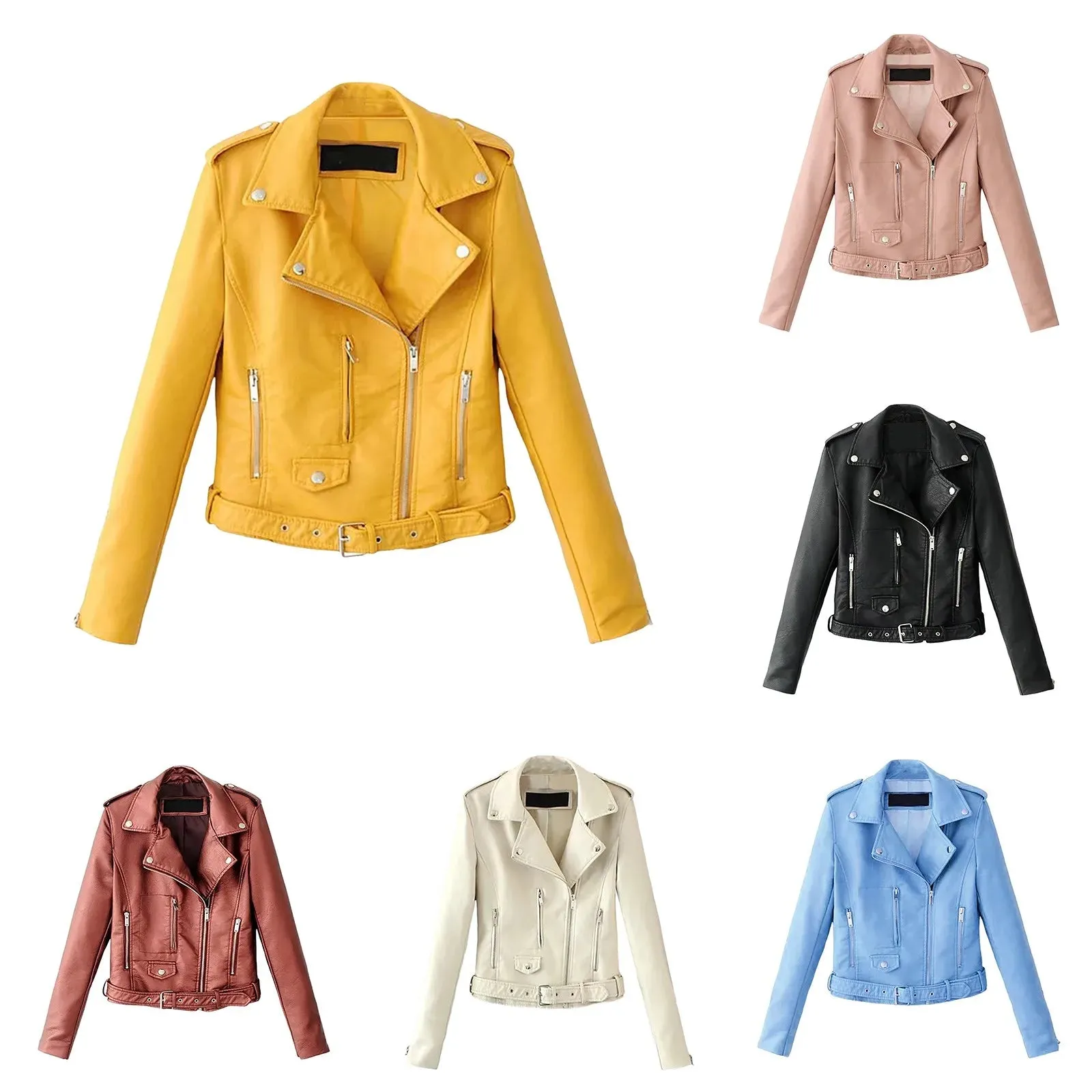 Women's Fall Faux Leather Outwears Retro Motorcycle Leather Jacket Long Sleeve Tie Up Short Bomber Jackets For Women Chaquetas