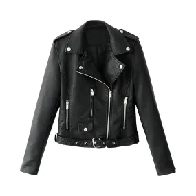 Women's Fall Faux Leather Outwears Retro Motorcycle Leather Jacket Long Sleeve Tie Up Short Bomber Jackets For Women Chaquetas