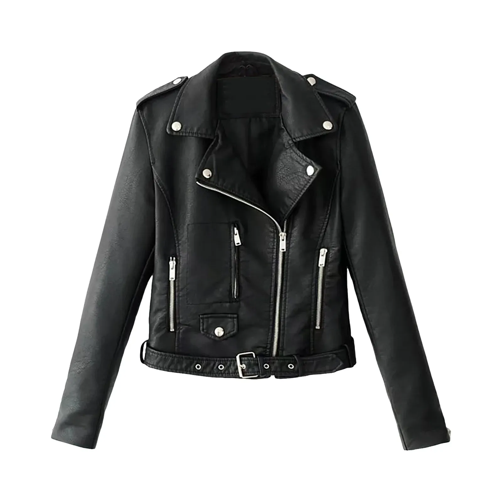 Women's Fall Faux Leather Outwears Retro Motorcycle Leather Jacket Long Sleeve Tie Up Short Bomber Jackets For Women Chaquetas